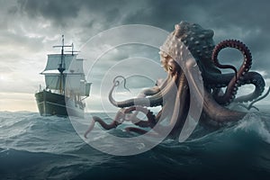 A giant octopus covers the sailors' ship with its tentacles,generative AI.
