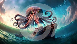 Giant octopus kraken attacking a battle ship