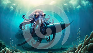 Giant octopus kraken attacking submarine under the blue sea