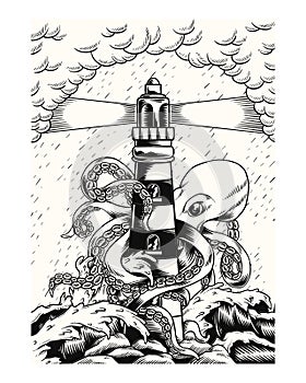 A giant octopus with tentacles wrapped around a lighthouse illustration