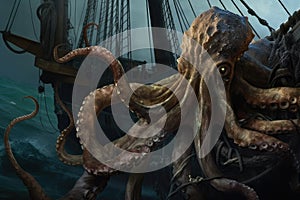 giant octopus wreaking havoc on shipwreck, tentacles wrapping the deck and cabins