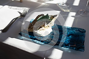 Giant open oysters in a Shell serving on the blue plate, Freshness seafood