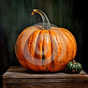 A giant orange pumpkin and a tiny dark green one on a wooden tabletop and wooden background. Pumpkin as a dish of thanksgiving for