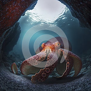 A giant Pacific octopus exploring a crevice on the ocean floor