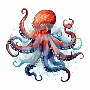 Giant pacific octopus. Watercolor ocean creature illustration isolated on a white background.