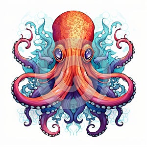 Giant pacific octopus. Watercolor ocean creature illustration isolated on a white background.