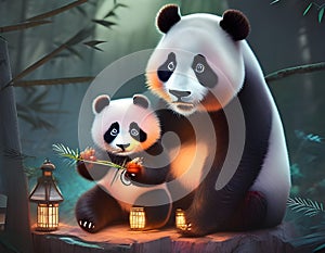 Giant panda with baby panda eating bamboo