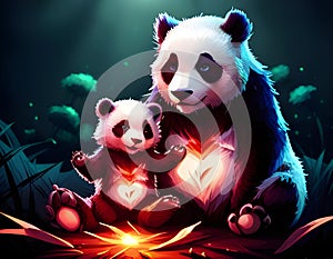 Giant panda with baby panda playing at night