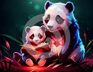 Giant panda with baby panda reading a book at night