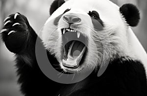 a giant panda bear is grabbing its claws and waving its tail