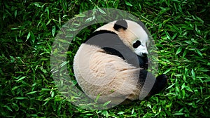 A giant panda bear sleeping on the grass in the zoo