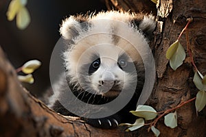 Giant panda cub next to a tree trunk