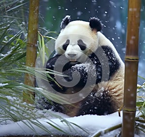 a giant panda is playing in the snow