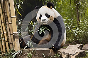 Giant Panda Resting and Eating Bamboo at Wolong Nature Reserve