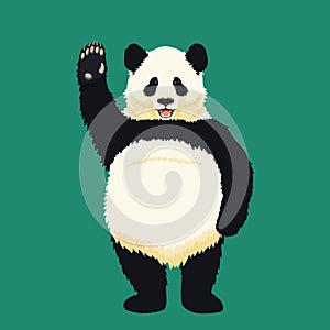 Giant panda standing on hind legs, smiling and waving. Black and white bear. Endangered species.