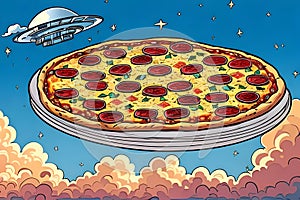 Giant pizza flying in the sky with UFO