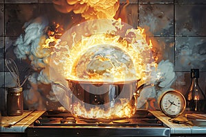 A giant pot on a stovetop, with the Earth as the boiling liquid photo