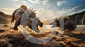 Giant prehistoric dinosaurs fighting on sandy beach. Generative AI