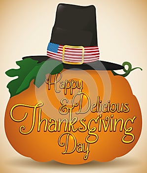 Giant Pumpkin with Pilgrim Hat for American Thanksgiving Day, Vector Illustration