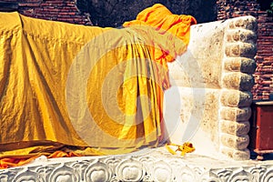 Giant reclining buddha statue feet at Wat Lokayasutharam Ayutthaya Bangkok Thailand