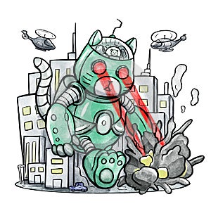 Giant Robot Cat Destroying The City