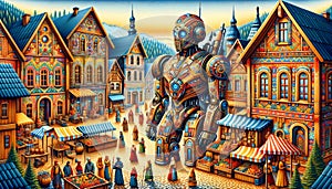 Giant Robot in a Colorful Medieval Village Market