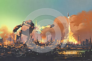 The giant robot launching rocket punch destroy the city photo