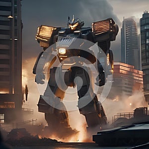 Giant robot rampage, Massive robotic behemoth rampaging through a cityscape as military forces mobilize to stop it3