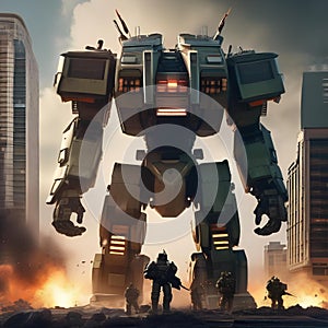 Giant robot rampage, Massive robotic behemoth rampaging through a cityscape as military forces mobilize to stop it1 photo