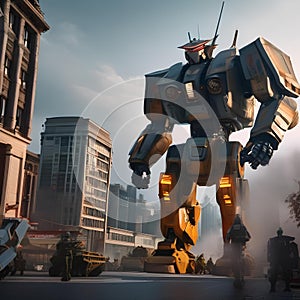Giant robot rampage, Massive robotic behemoth rampaging through a cityscape as military forces mobilize to stop it5 photo