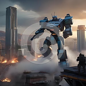 Giant robot rampage, Massive robotic behemoth rampaging through a cityscape as military forces mobilize to stop it1 photo