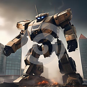 Giant robot rampage, Massive robotic behemoth rampaging through a cityscape as military forces mobilize to stop it2 photo