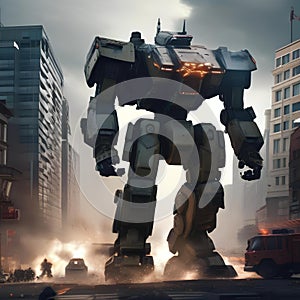 Giant robot rampage, Massive robotic behemoth rampaging through a cityscape as military forces mobilize to stop it4 photo