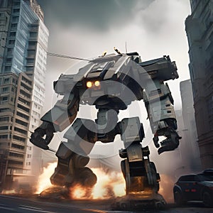 Giant robot rampage, Massive robotic behemoth rampaging through a cityscape as military forces mobilize to stop it3 photo