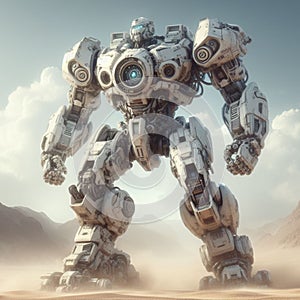 A giant robot stands proudly isolated on a desert background 10