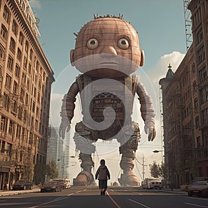 A giant robot walking around the city.