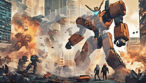 Giant Robots Fighting in a Futuristic City with Humans