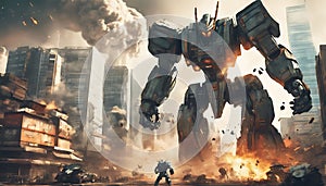 Giant Robots Fighting in a Futuristic City with Humans