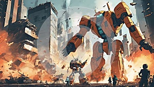 Giant Robots Fighting in a Futuristic City with Humans