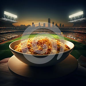 a giant saffron rice bowl in football, cricket stadium, night view