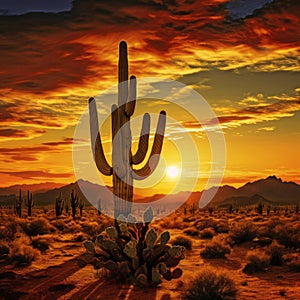 Giant Saguaro cactus at sunset in desert