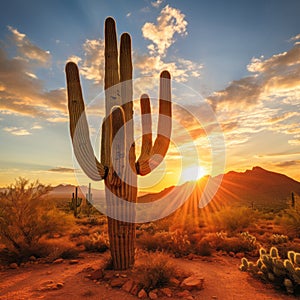 Giant Saguaro cactus at sunset in desert