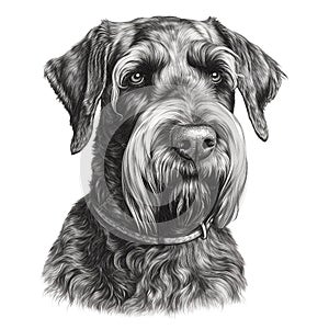 Giant Schnauzer, engraving style, close-up portrait on white background, black and white drawing, cute dog,