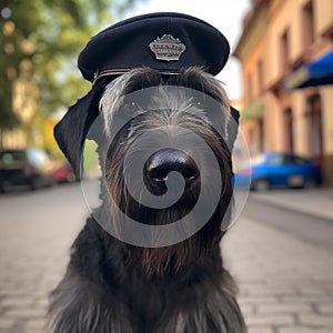 Giant Schnauzer, a large bearded black dog wearing a black police hat and cap.