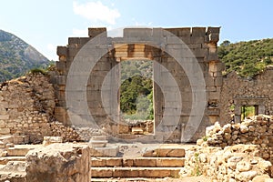 The giant sella, cella door, entrance to Ionic Temple at the ancient site of Olympos, Olympus, built in the name of the Roman photo