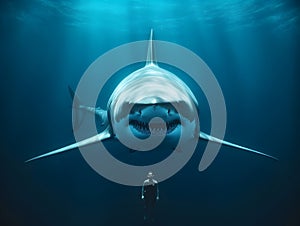 Giant shark and diver at deep ocean. Underwater adventure. AI generated