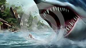 Giant shark going to catch diver surfing at ocean. Adventure at sea. AI generated