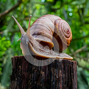 Giant snail perched on tree stump, showcasing its impressive size