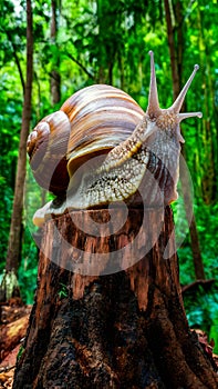 Giant snail perched on tree stump, showcasing its impressive size