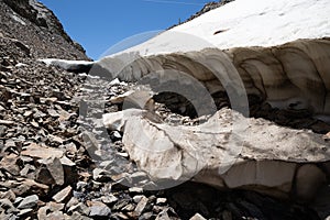 Giant snow cave along the 20 Lakes Basin trail in Sierra Nevada California